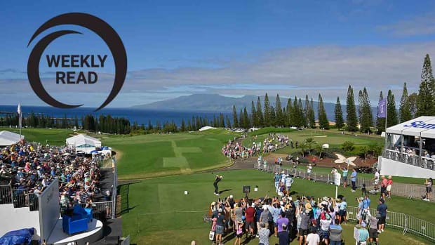 Collin Morikawa watches his shot on the first tee box during the final round of the 2023 Sentry Tournament of Champions in Kapalua, Maui, Hawaii.